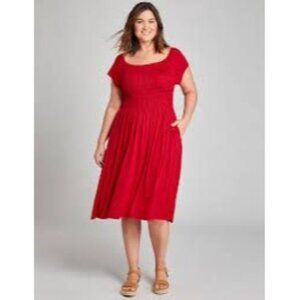 Lane Bryant Red Smocked Midi Dress 14/16 Short Sleeves Rayon/Spandex Lightweight